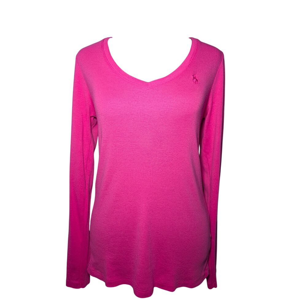 Ralph Lauren Sport Womens Large Hot Pink V-Neck Long Sleeve Top Pima Cotton